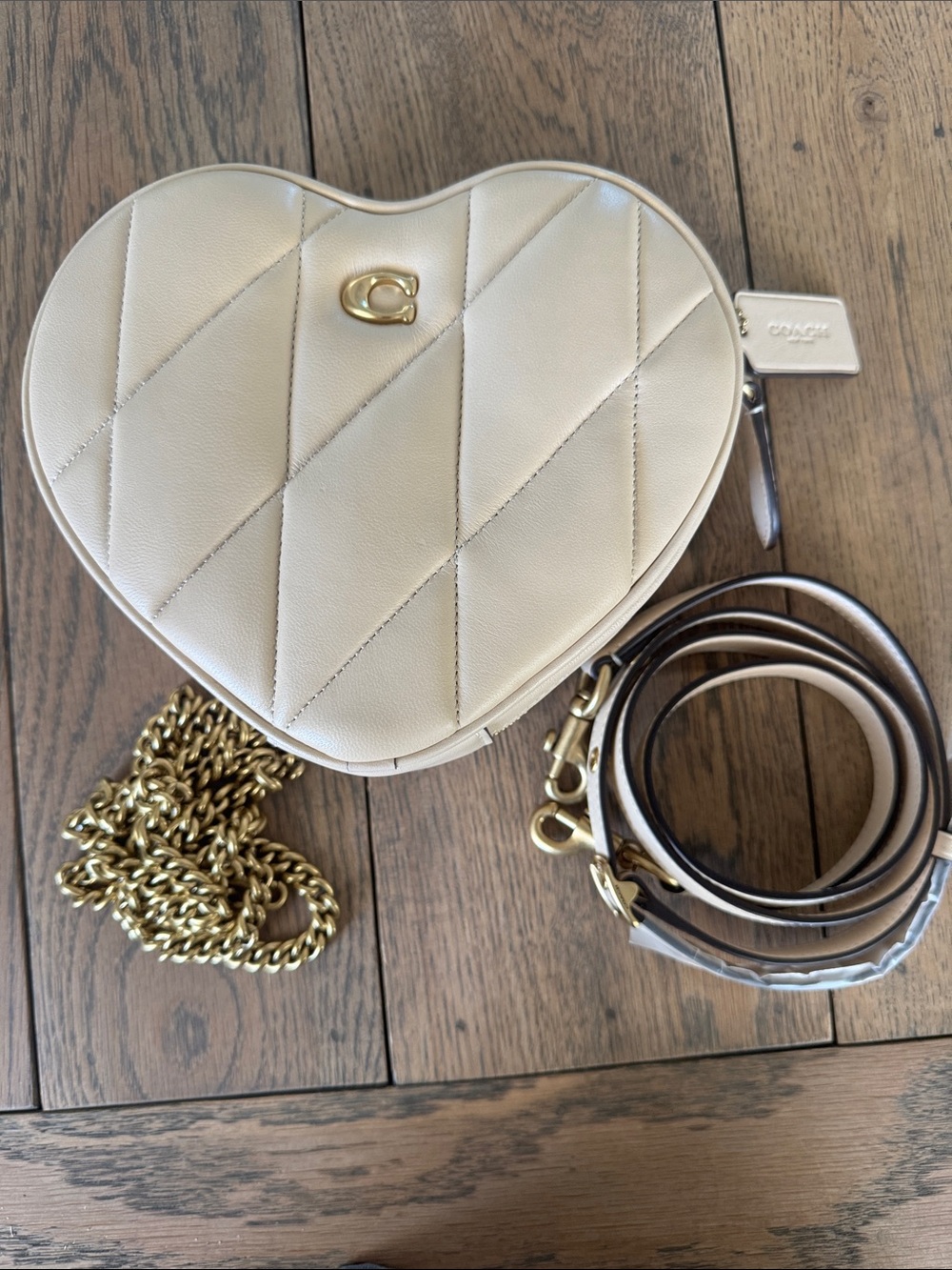 Coach Heart Quilted Crossbody Bag in Cream with Gold Hardware